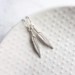 Thin Feather Earrings - long antique silver oxidized finish charm, narrow tribal feather, simple silver feather, plain feather earring