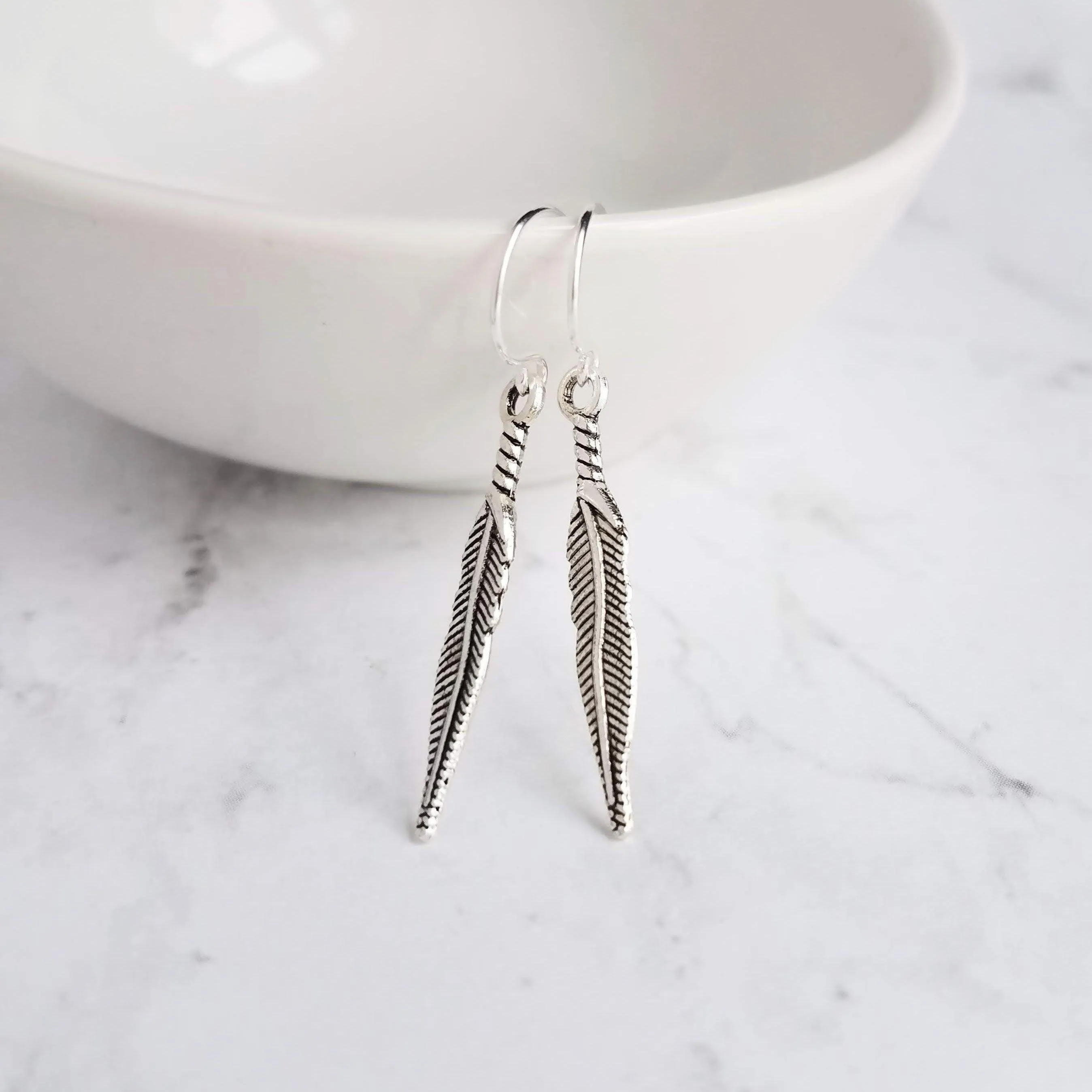 Thin Feather Earrings - long antique silver oxidized finish charm, narrow tribal feather, simple silver feather, plain feather earring