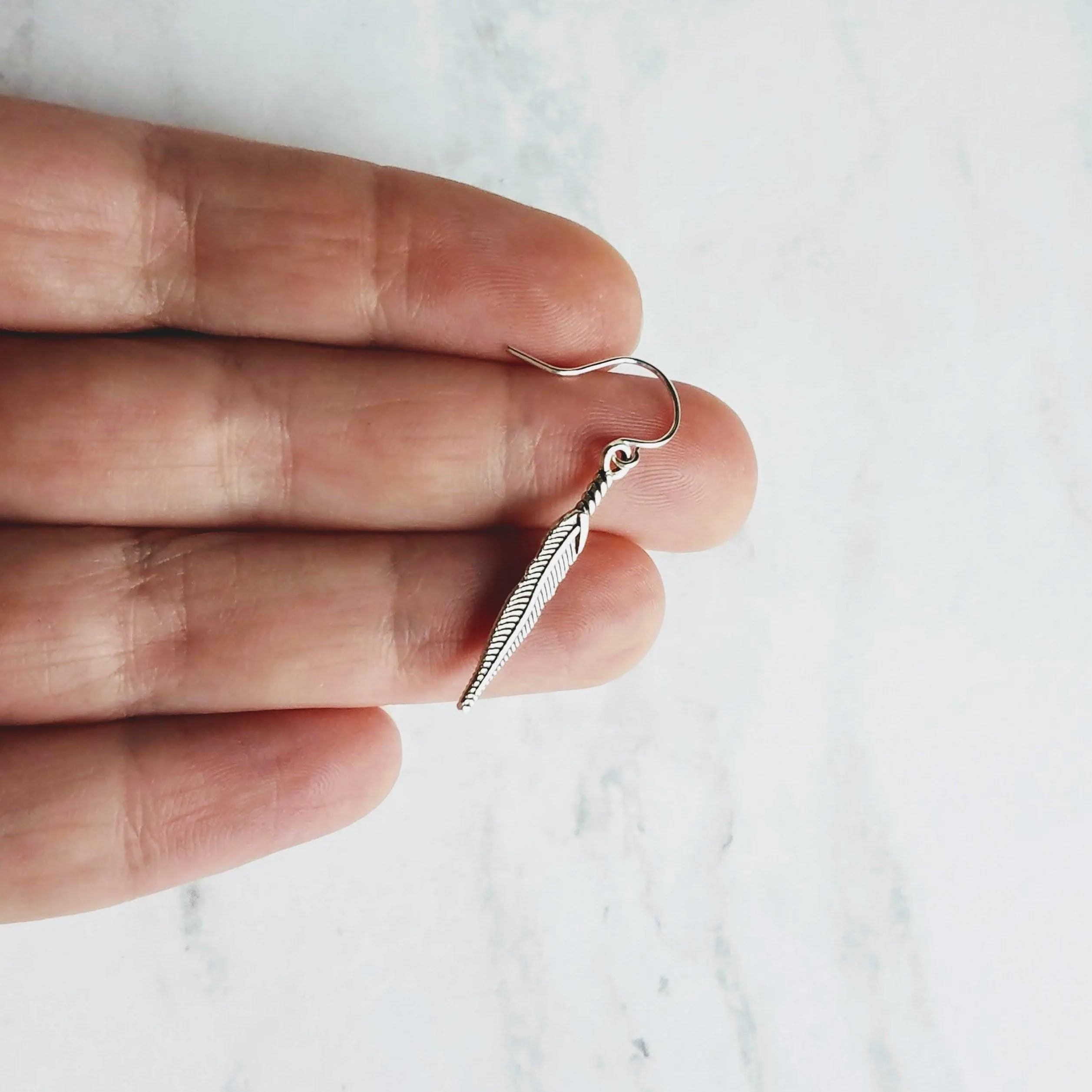 Thin Feather Earrings - long antique silver oxidized finish charm, narrow tribal feather, simple silver feather, plain feather earring