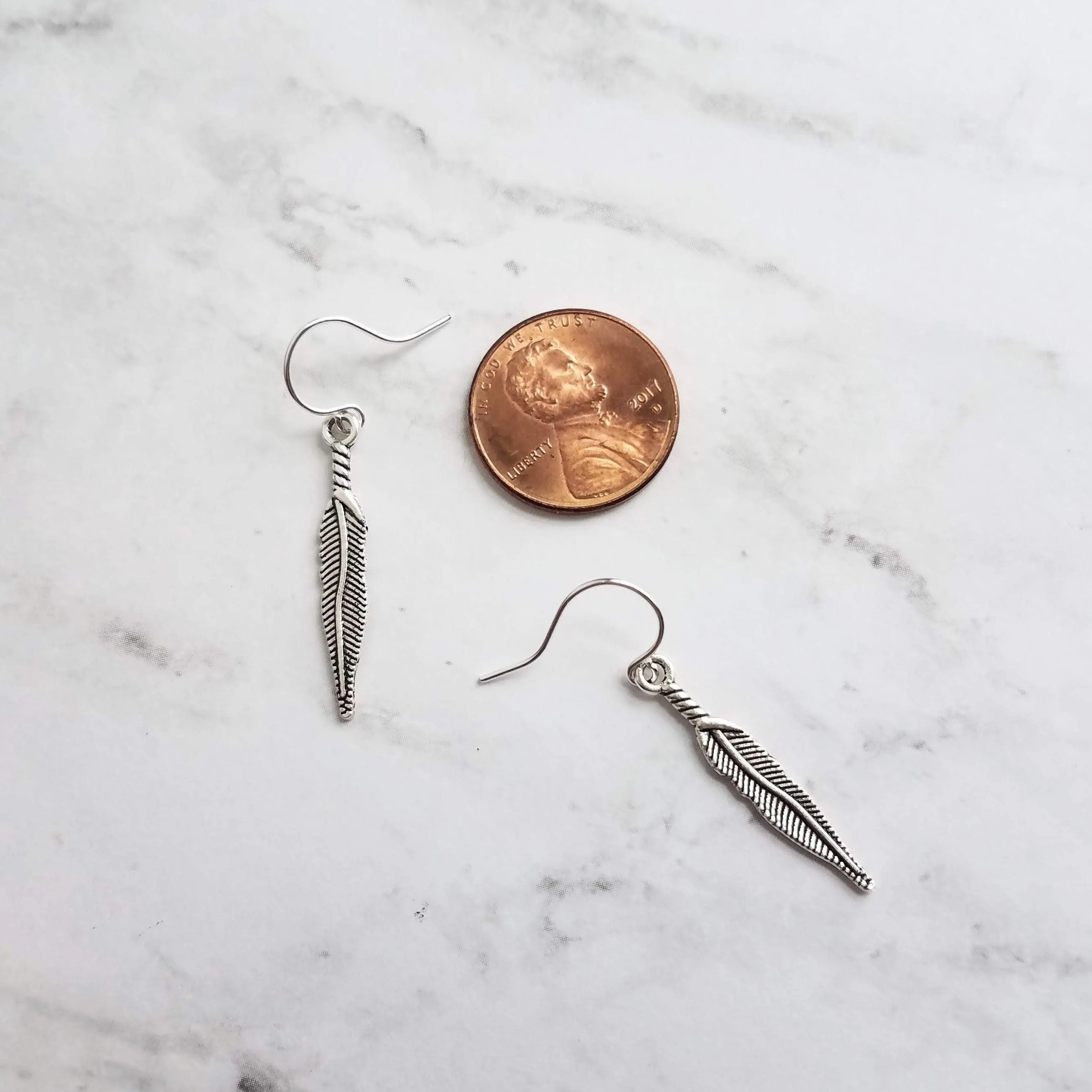 Thin Feather Earrings - long antique silver oxidized finish charm, narrow tribal feather, simple silver feather, plain feather earring