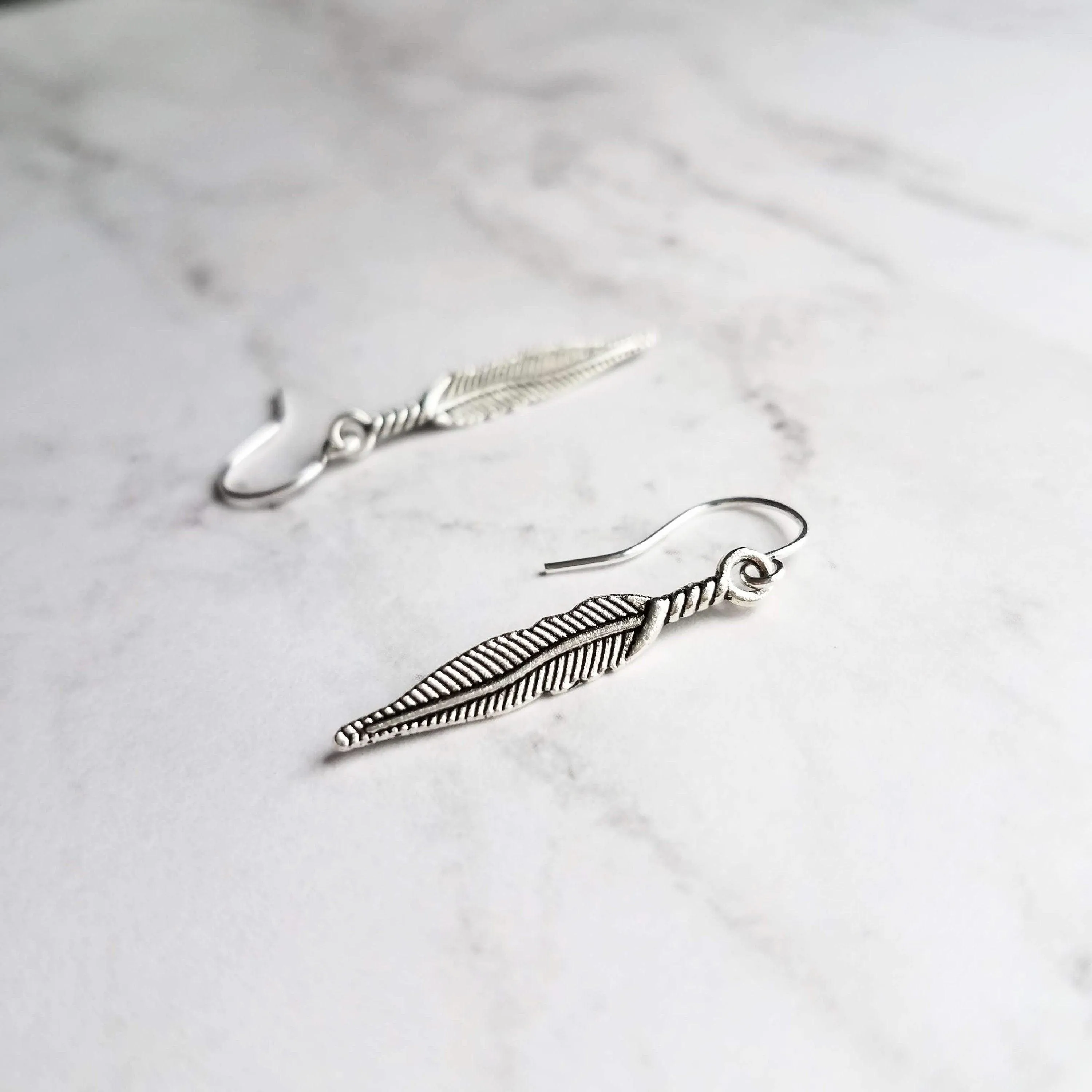 Thin Feather Earrings - long antique silver oxidized finish charm, narrow tribal feather, simple silver feather, plain feather earring