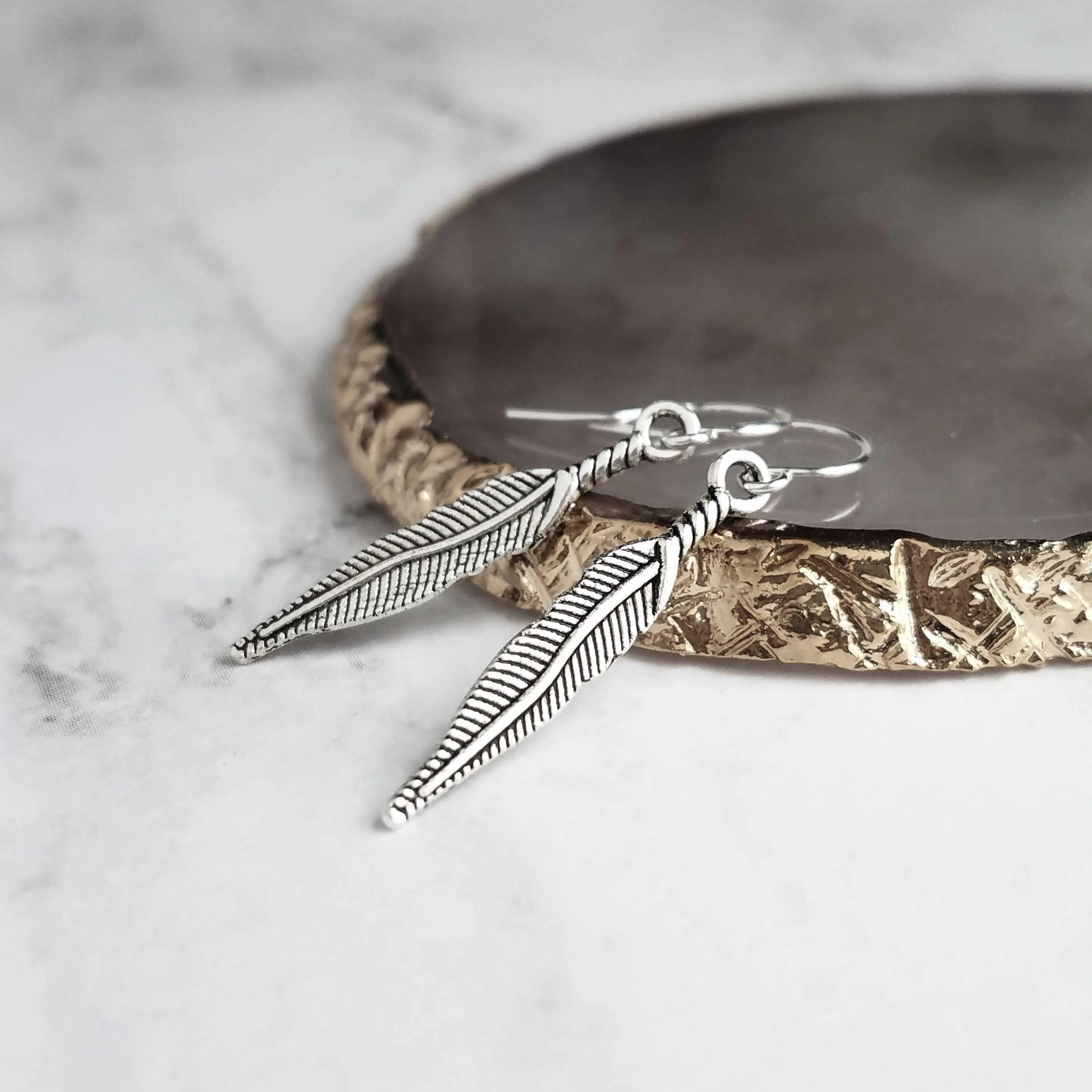 Thin Feather Earrings - long antique silver oxidized finish charm, narrow tribal feather, simple silver feather, plain feather earring