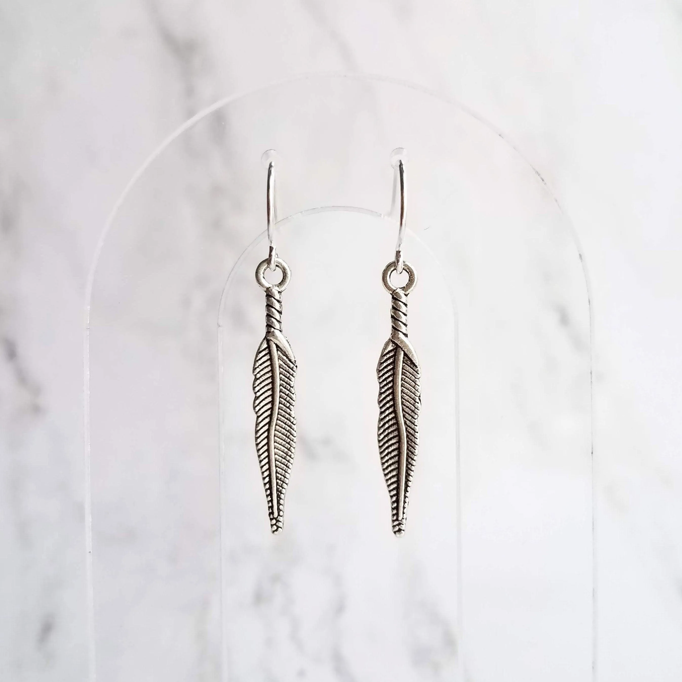 Thin Feather Earrings - long antique silver oxidized finish charm, narrow tribal feather, simple silver feather, plain feather earring