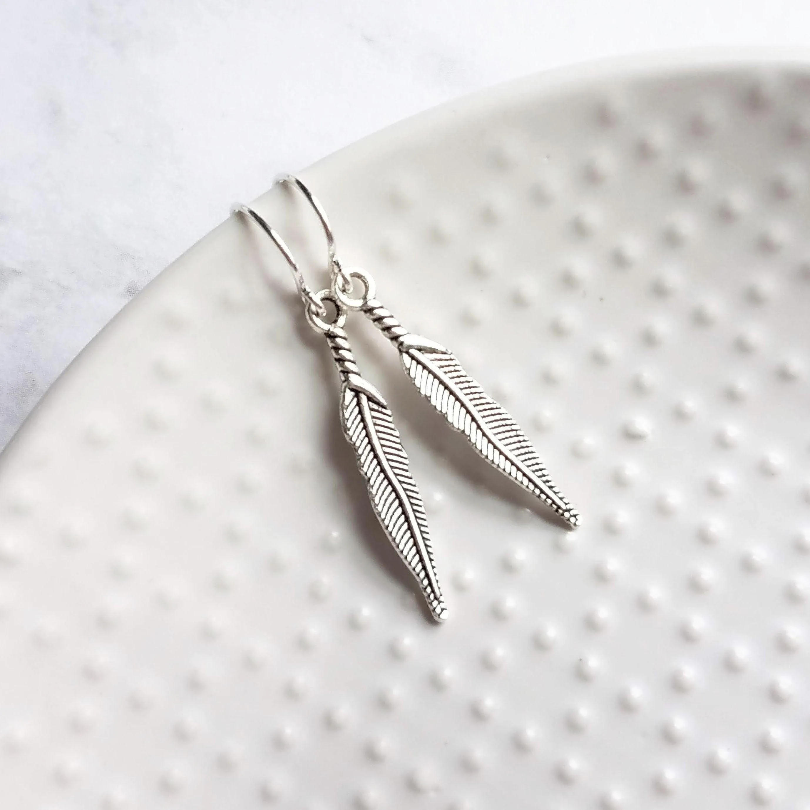 Thin Feather Earrings - long antique silver oxidized finish charm, narrow tribal feather, simple silver feather, plain feather earring