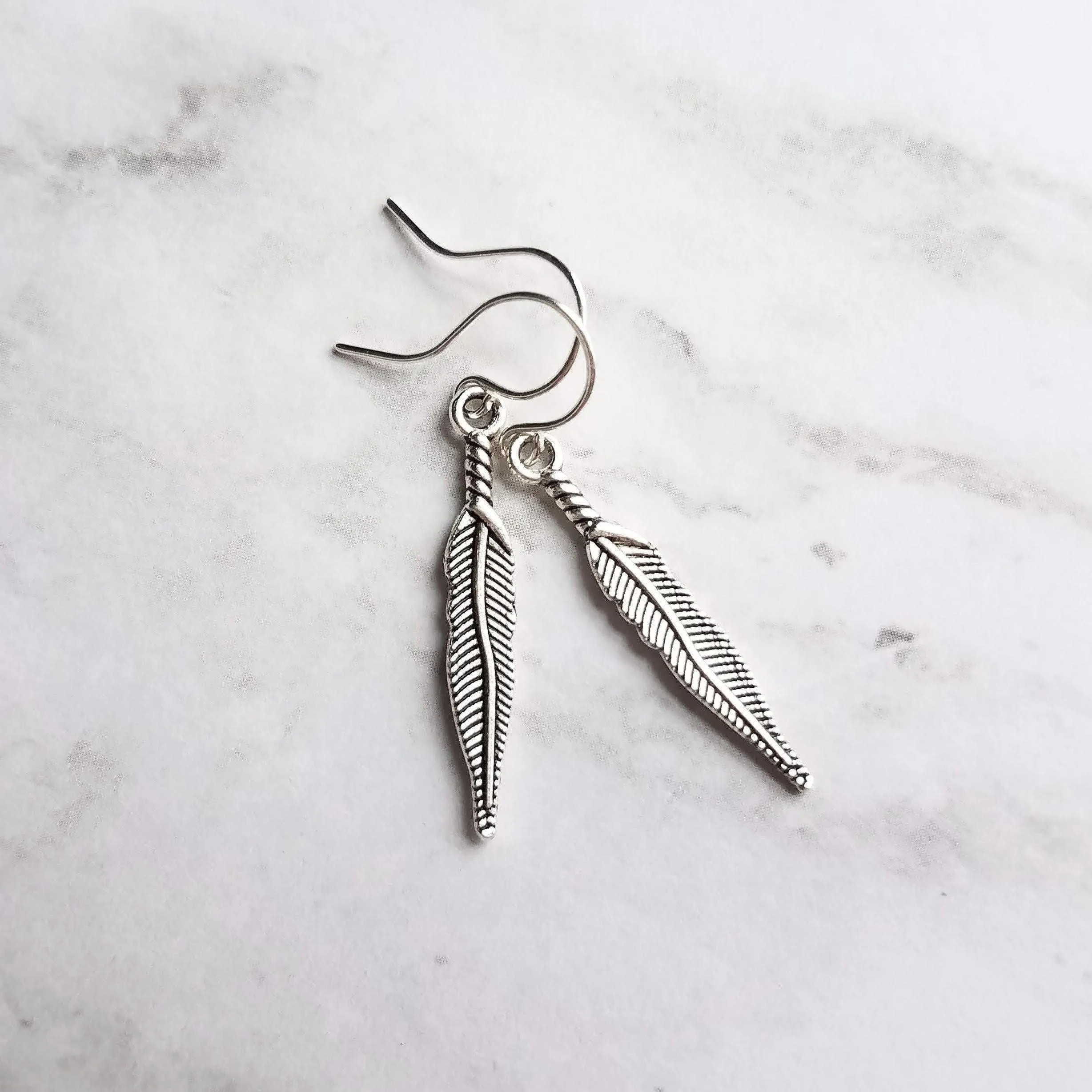 Thin Feather Earrings - long antique silver oxidized finish charm, narrow tribal feather, simple silver feather, plain feather earring