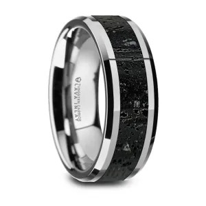 Thorsten Kilauea Polished Tungsten Wedding Band w/ Black & Gray Lava Rock Stone Inlay & Polished Beveled Edges (8mm) W1491-TCLI