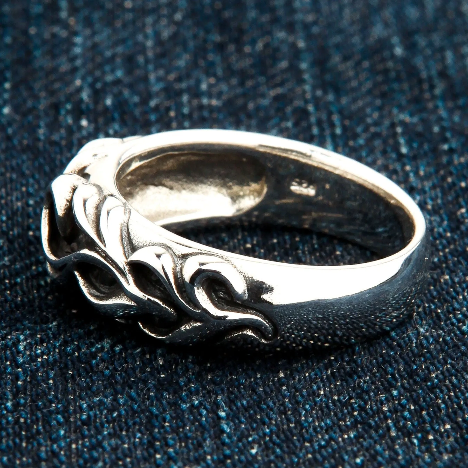 Tribal Carved Sterling Silver Band Mens Ring