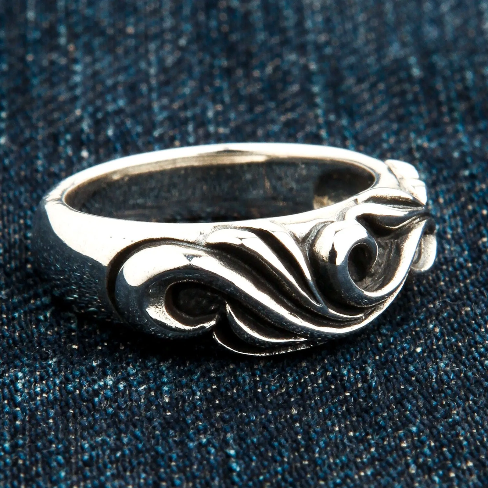 Tribal Carved Sterling Silver Band Mens Ring