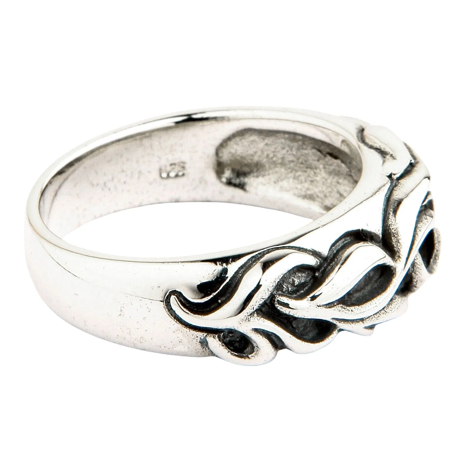 Tribal Carved Sterling Silver Band Mens Ring