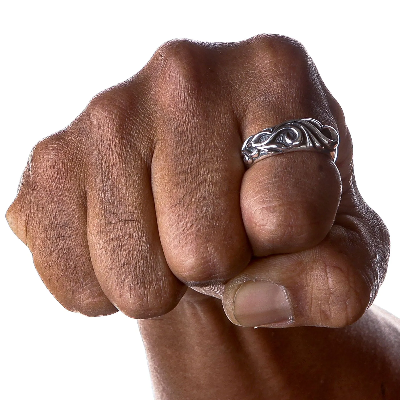 Tribal Carved Sterling Silver Band Mens Ring