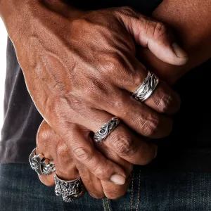Tribal Carved Sterling Silver Band Mens Ring