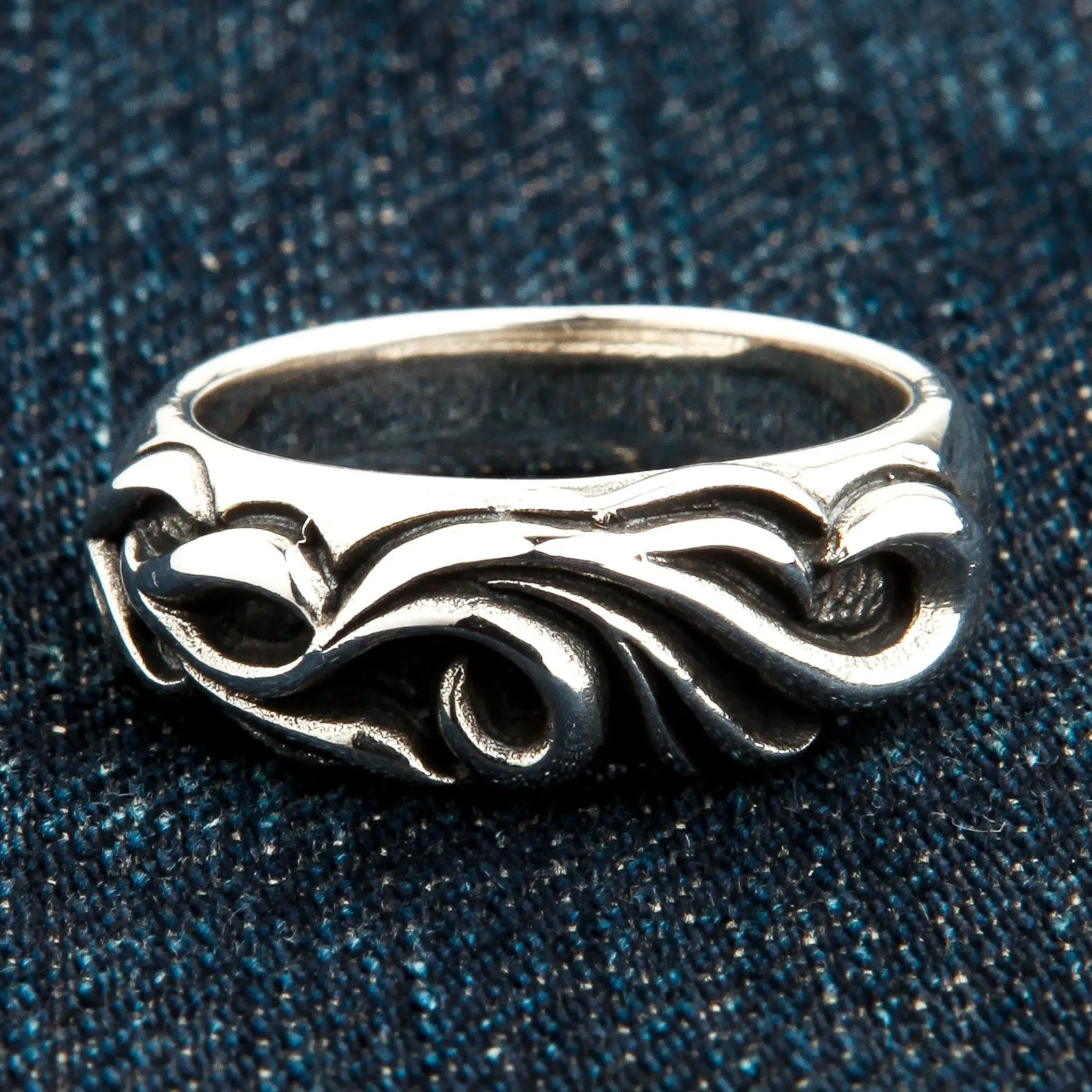 Tribal Carved Sterling Silver Band Mens Ring