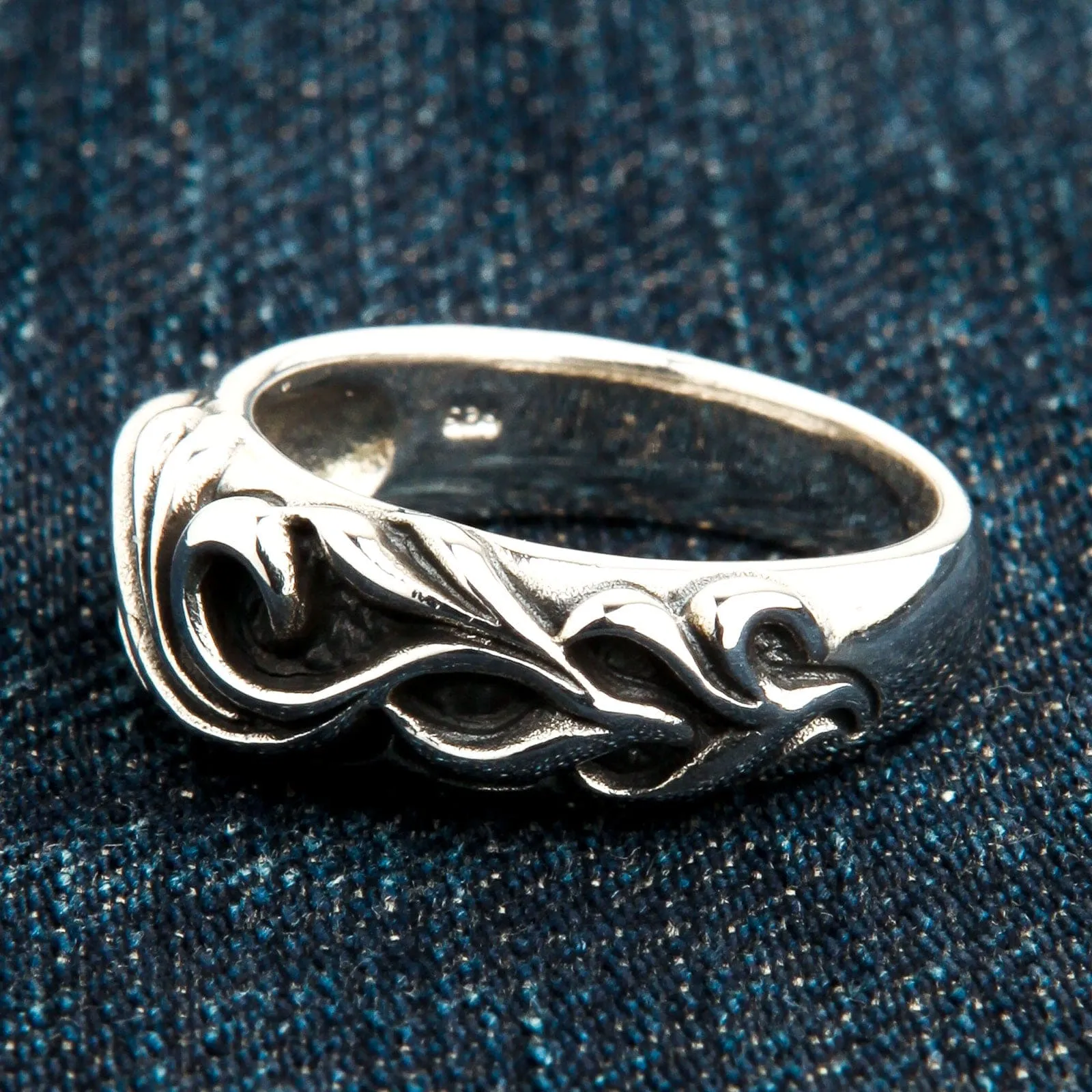 Tribal Carved Sterling Silver Band Mens Ring