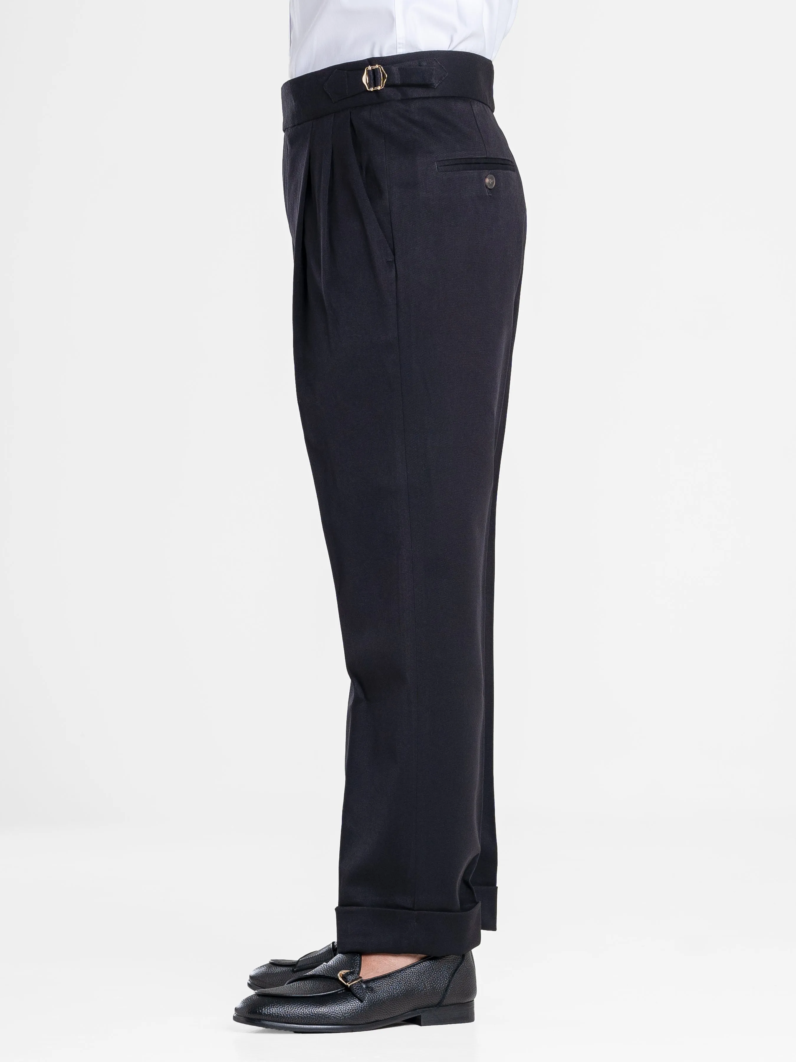 Trousers With Side Adjusters - Black Solid Cuffed (Tapered)