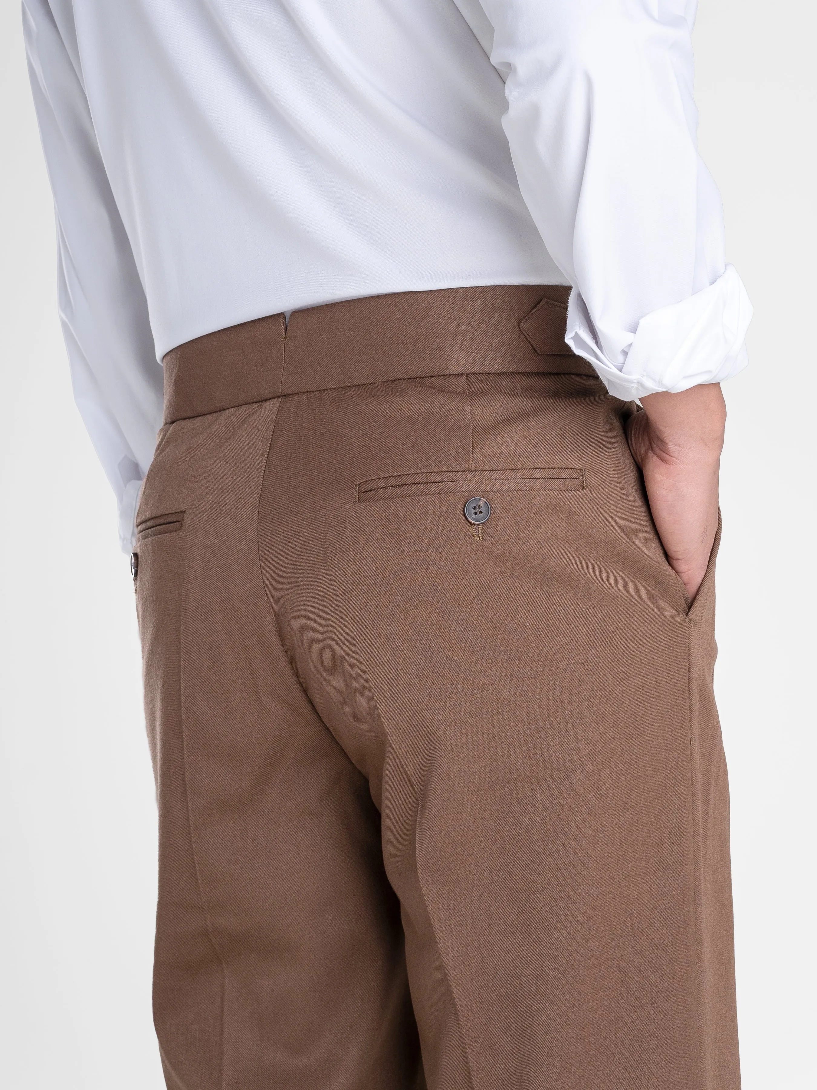 Trousers With Side Adjusters - Brown Plain Cuffed (Tapered)