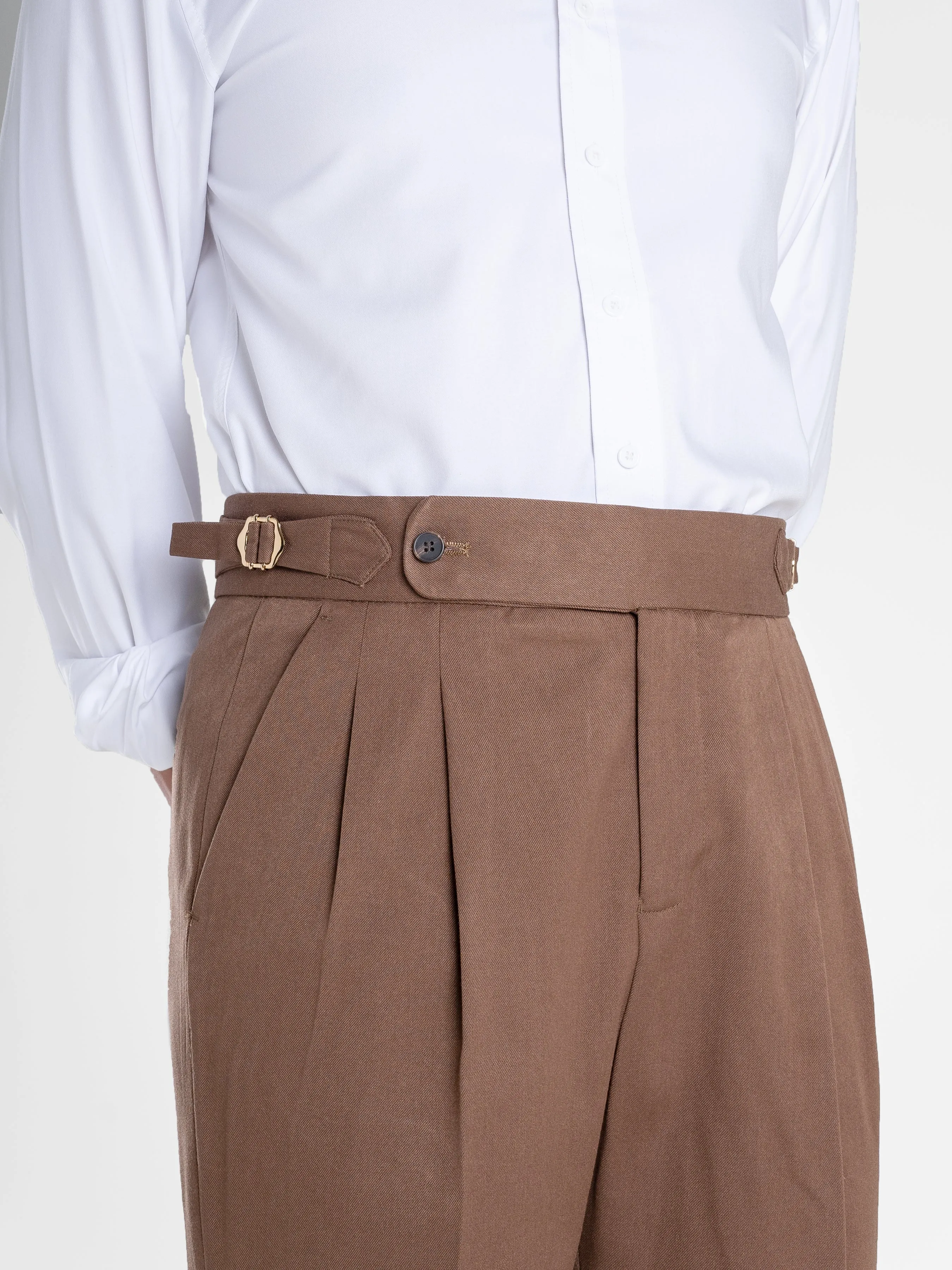Trousers With Side Adjusters - Brown Plain Cuffed (Tapered)
