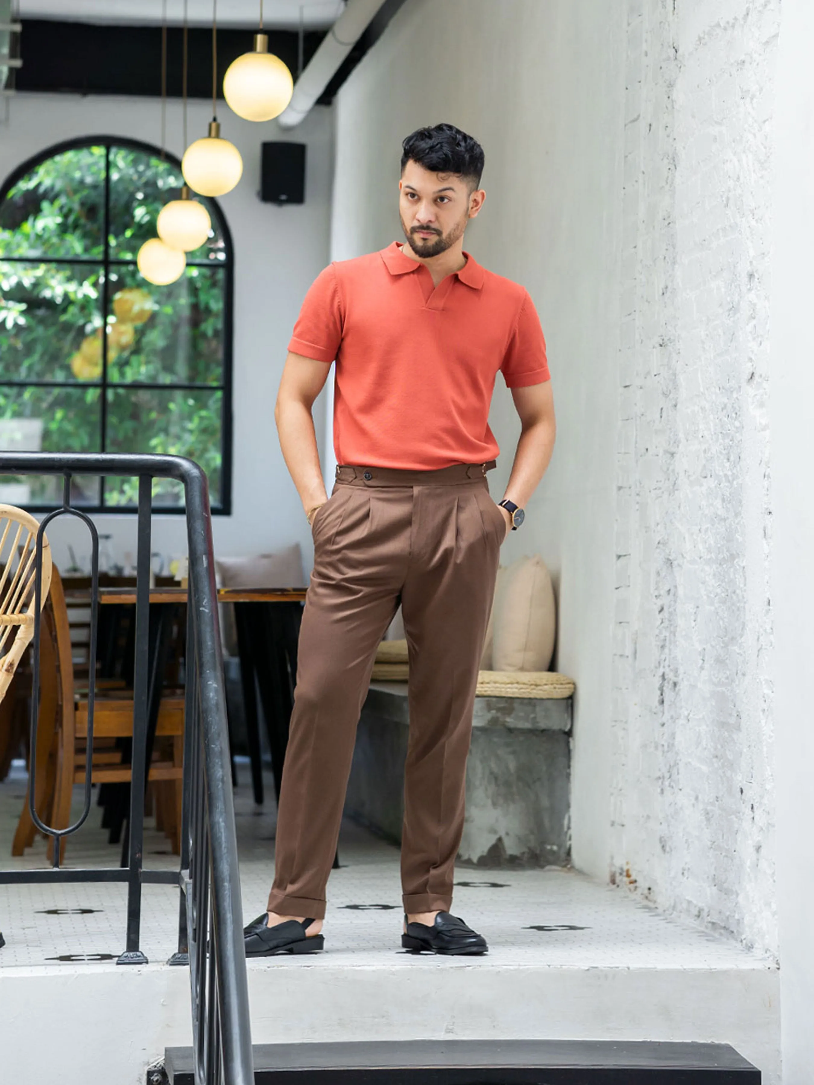Trousers With Side Adjusters - Brown Plain Cuffed (Tapered)
