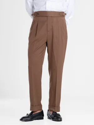 Trousers With Side Adjusters - Brown Plain Cuffed (Tapered)