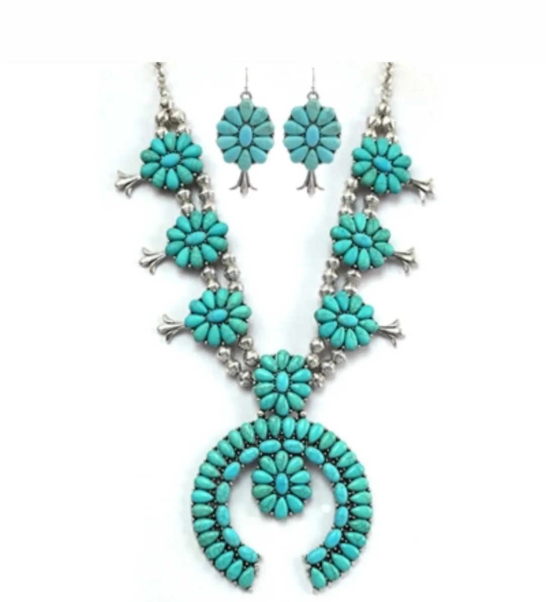 Turquoise Squash Blossom Necklace and Earring Set