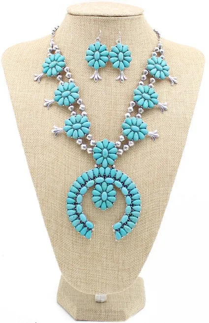Turquoise Squash Blossom Necklace and Earring Set