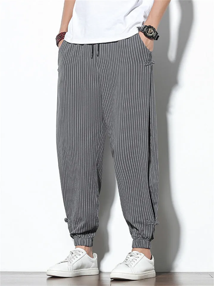 Vertical Stripe Summer Autumn Linen Casual Men's Long Pants