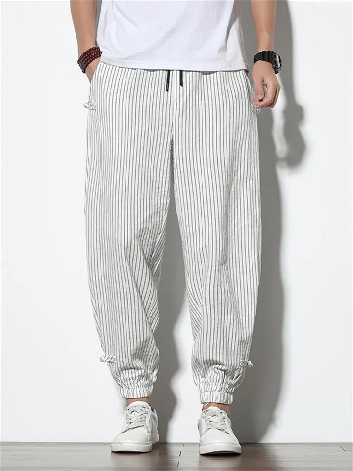 Vertical Stripe Summer Autumn Linen Casual Men's Long Pants