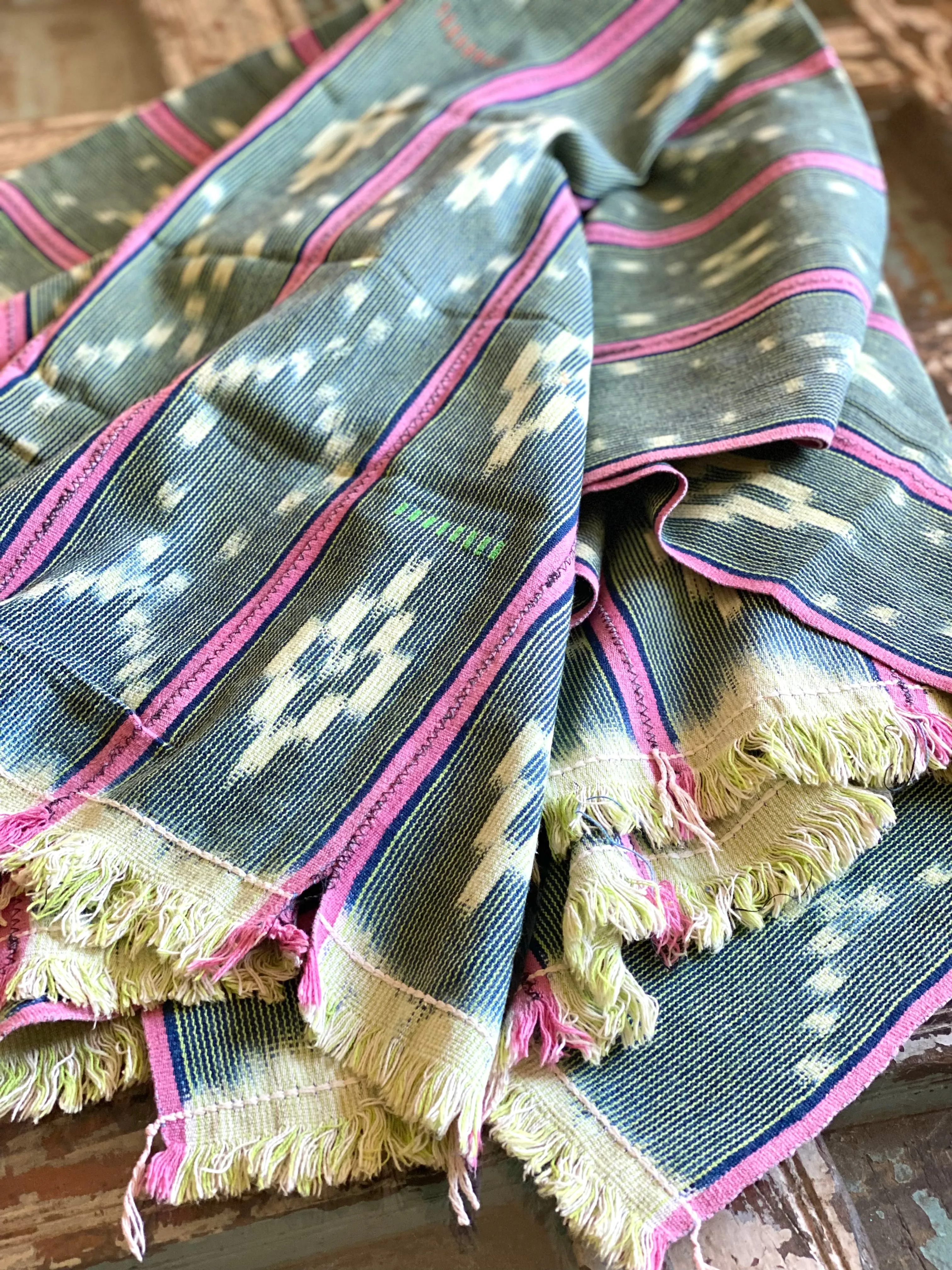 Vintage African Indigo   Lime with Pink Stripes Baule Mudcloth | No. 63