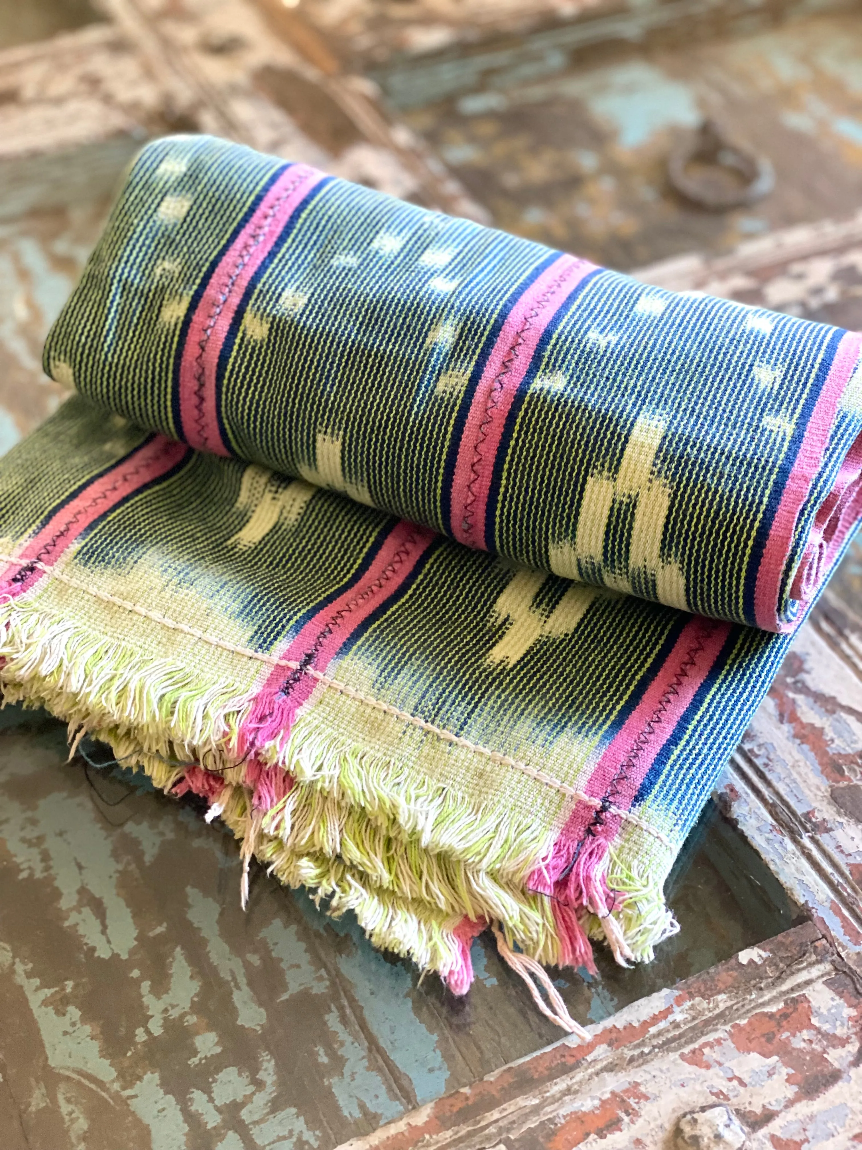 Vintage African Indigo   Lime with Pink Stripes Baule Mudcloth | No. 63