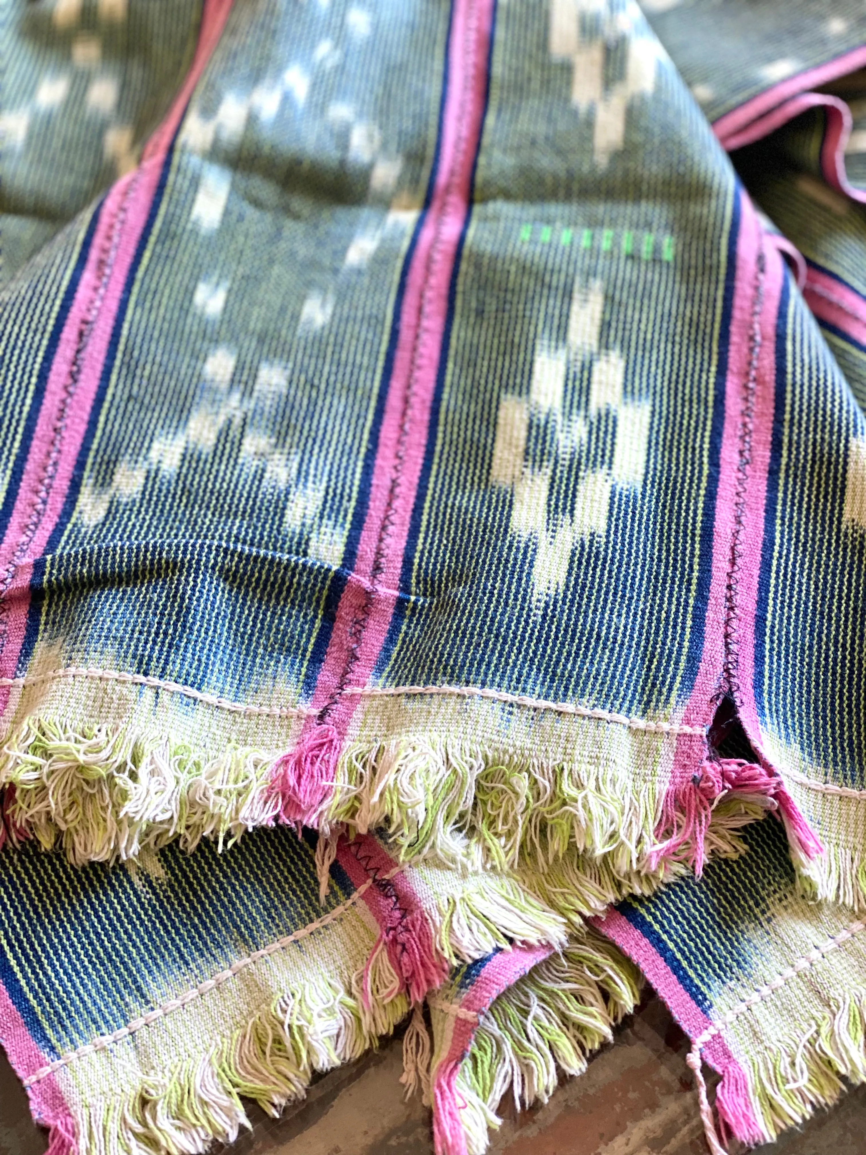 Vintage African Indigo   Lime with Pink Stripes Baule Mudcloth | No. 63