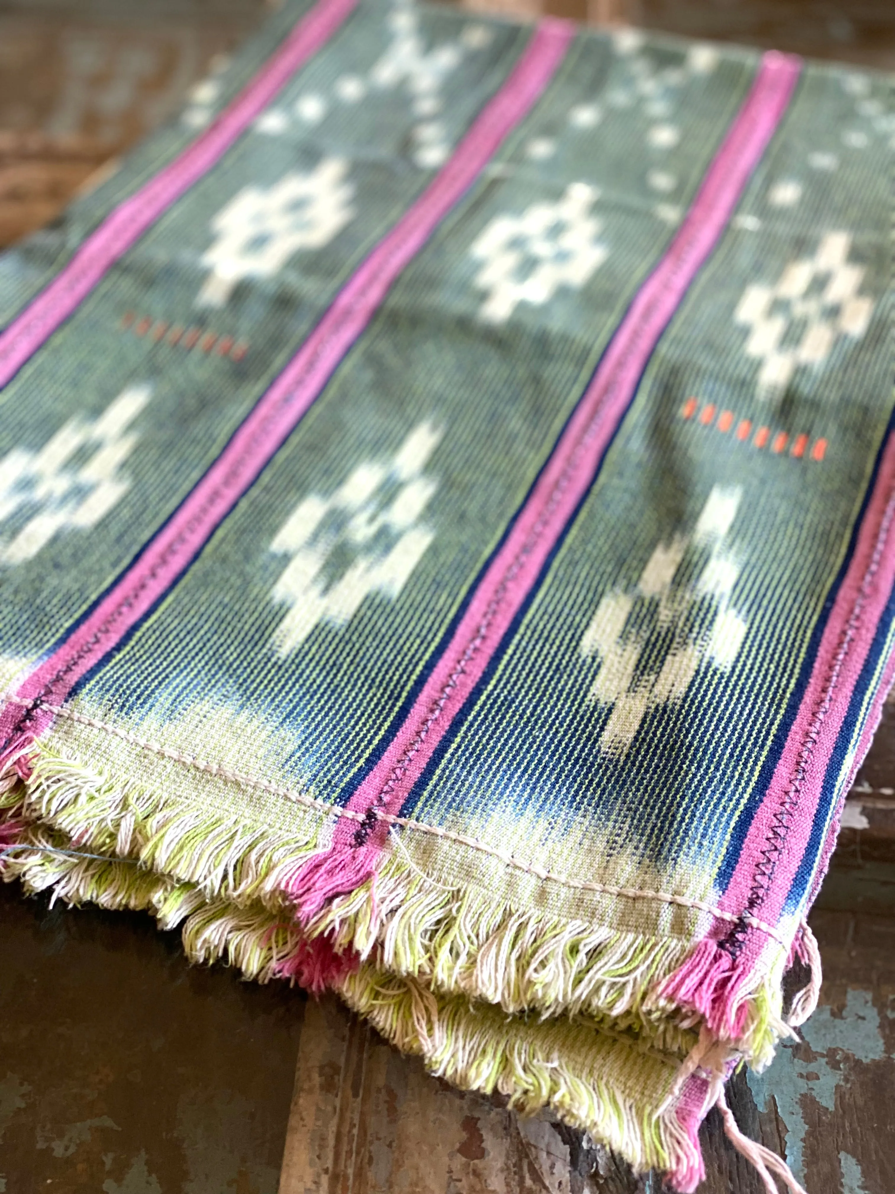 Vintage African Indigo   Lime with Pink Stripes Baule Mudcloth | No. 63