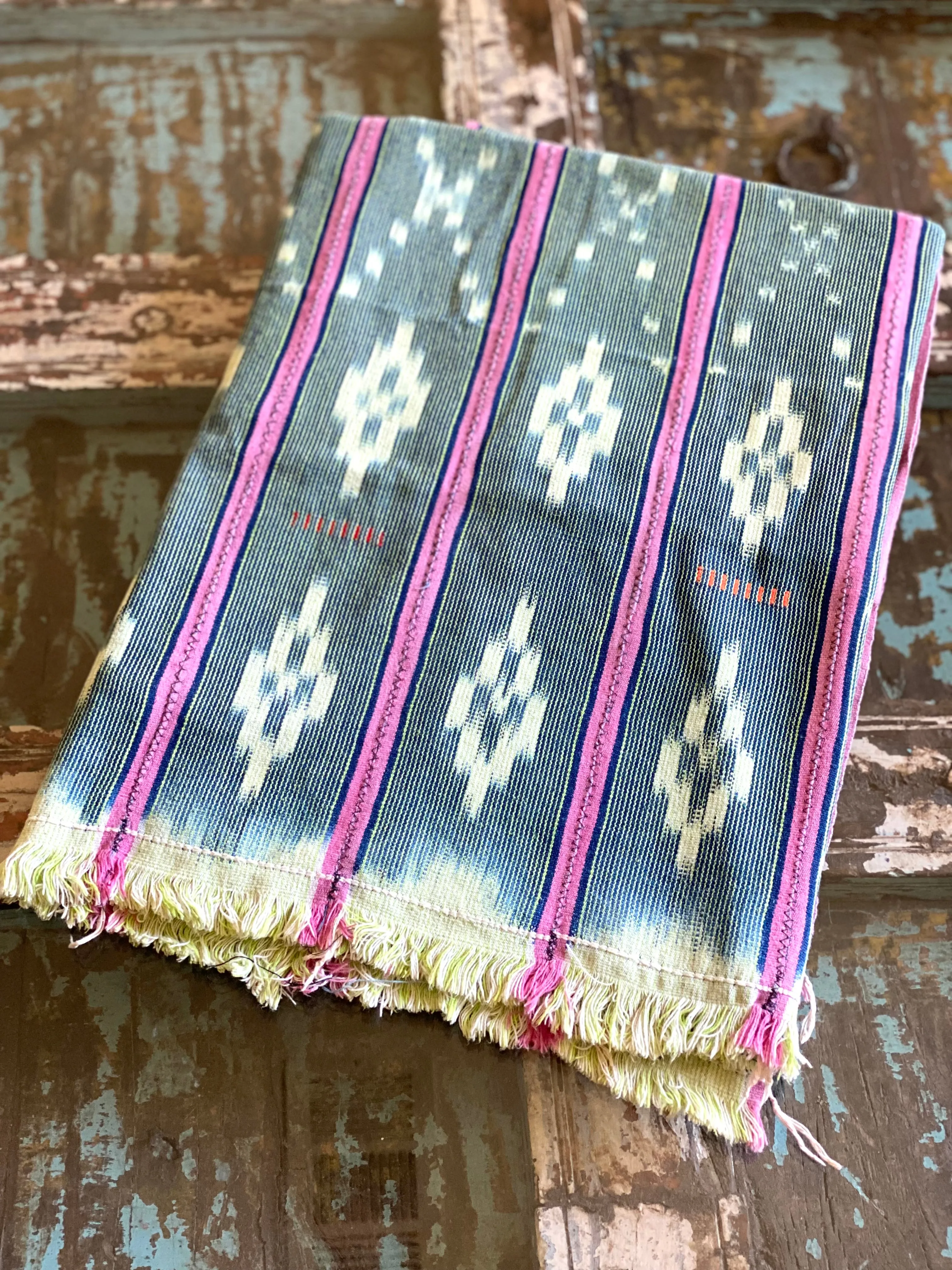 Vintage African Indigo   Lime with Pink Stripes Baule Mudcloth | No. 63