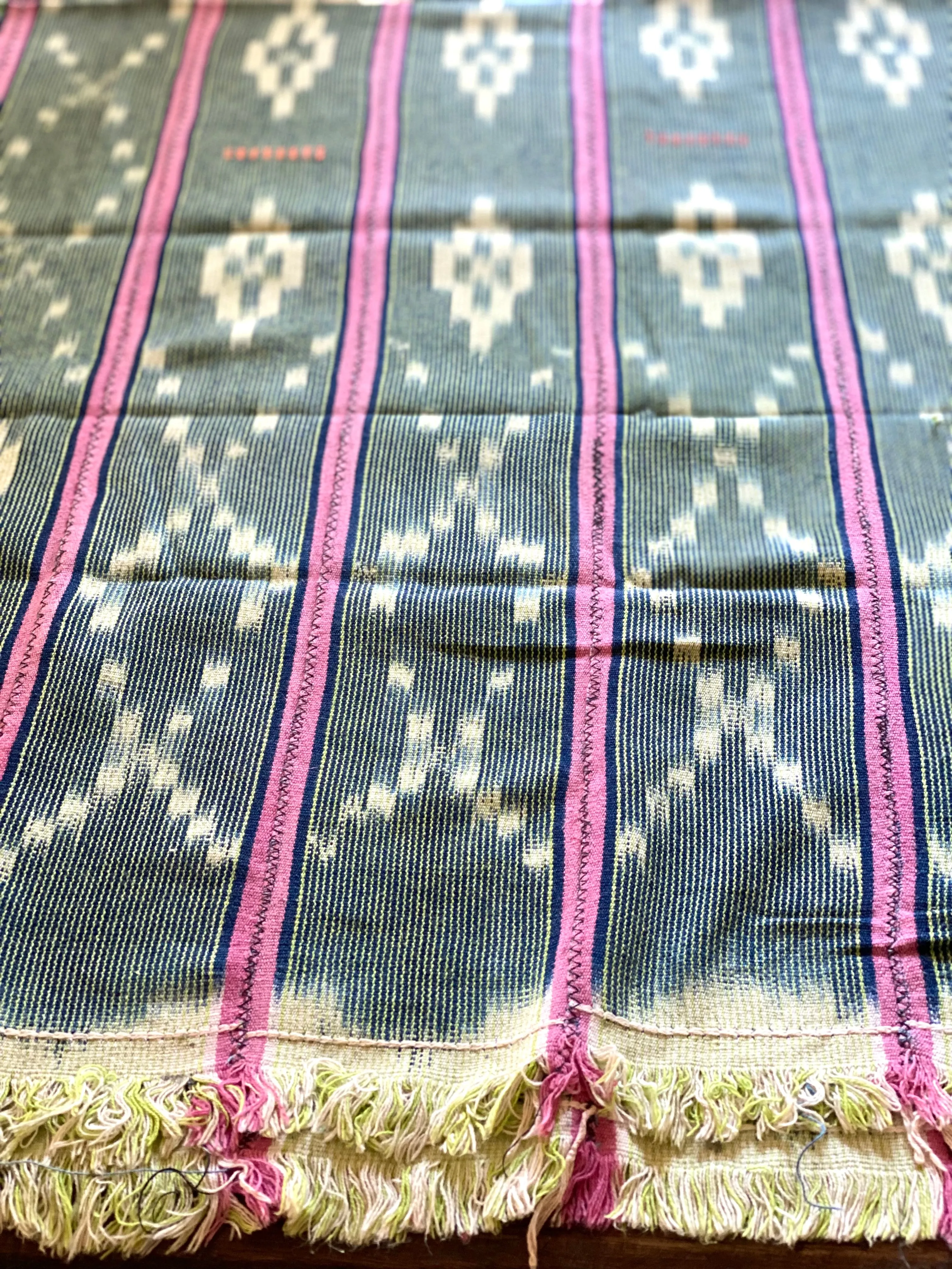 Vintage African Indigo   Lime with Pink Stripes Baule Mudcloth | No. 63