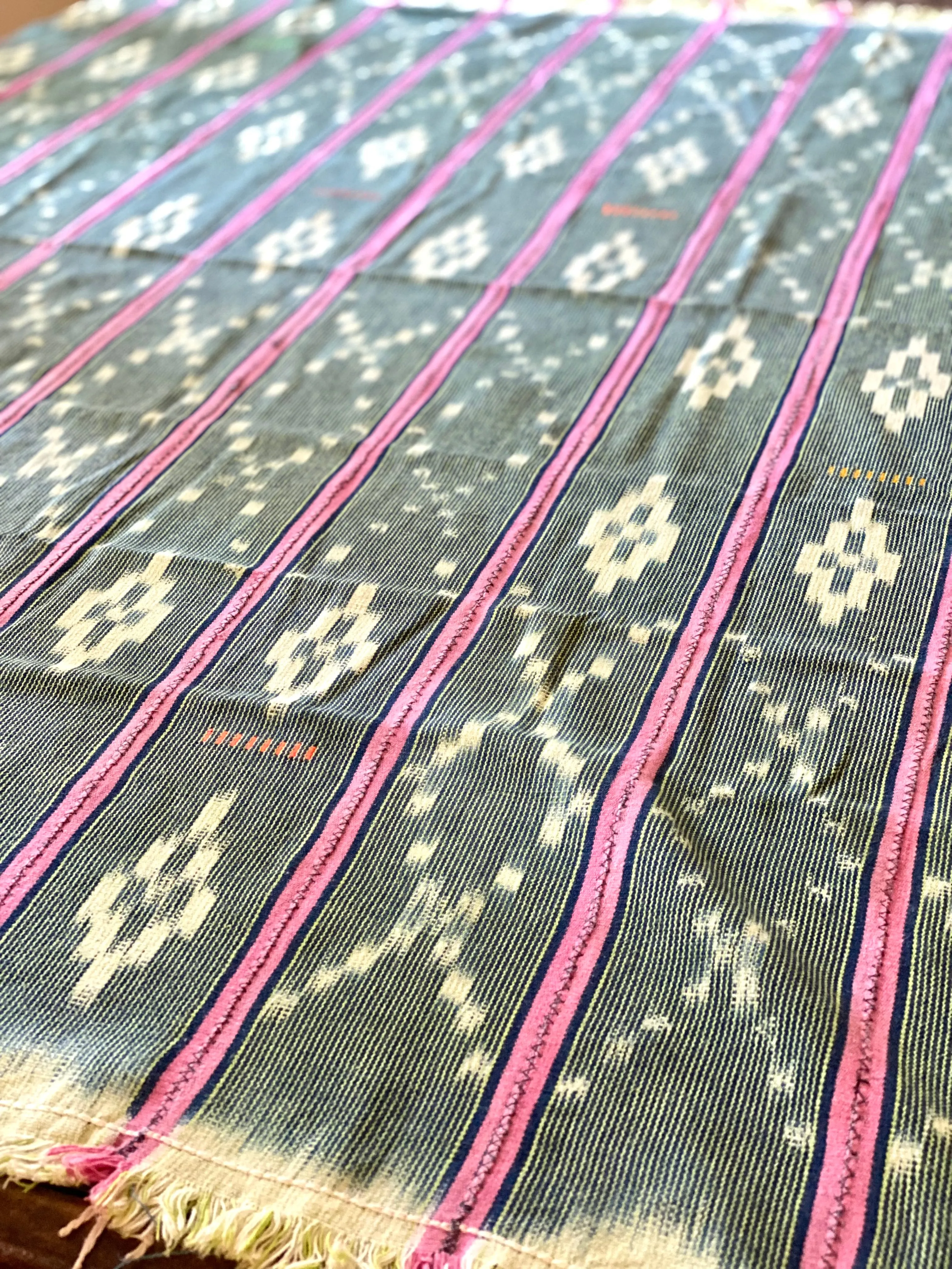 Vintage African Indigo   Lime with Pink Stripes Baule Mudcloth | No. 63