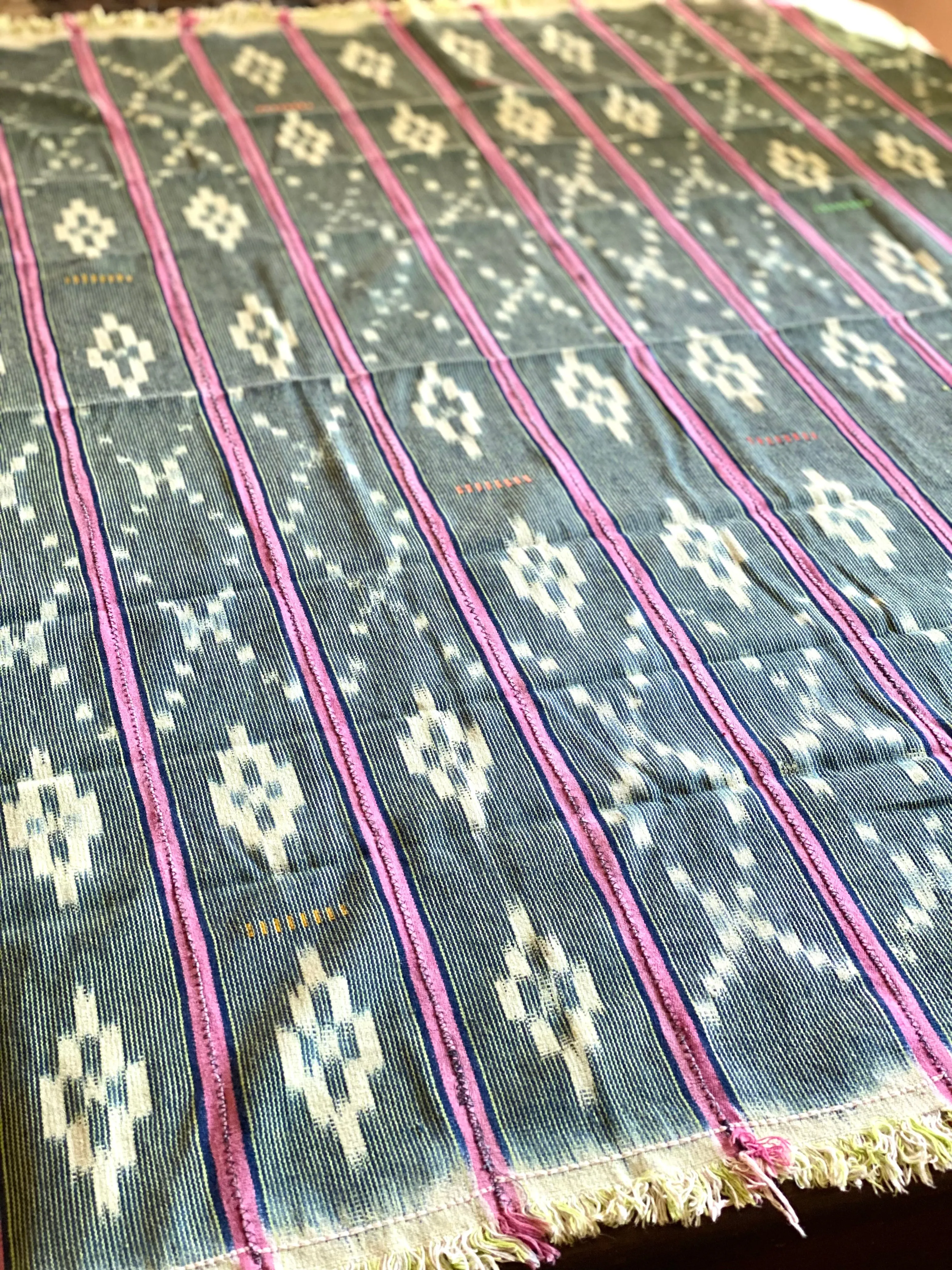 Vintage African Indigo   Lime with Pink Stripes Baule Mudcloth | No. 63