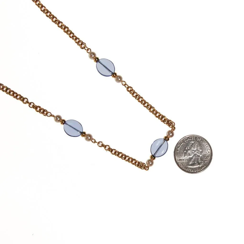 Vintage Avon Gold Chain Necklace with Blue Crystals and Faux Pearls