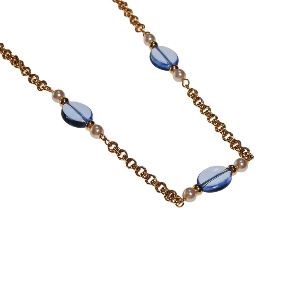 Vintage Avon Gold Chain Necklace with Blue Crystals and Faux Pearls