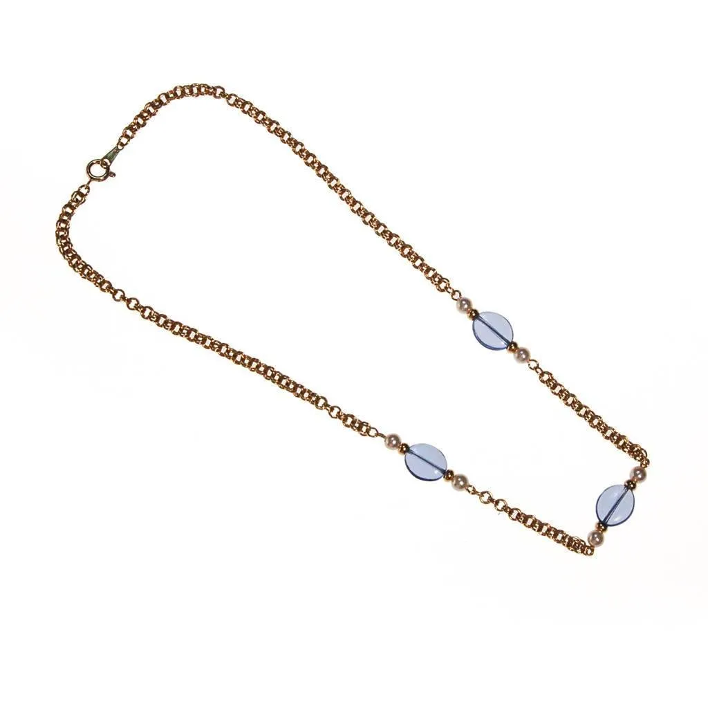 Vintage Avon Gold Chain Necklace with Blue Crystals and Faux Pearls