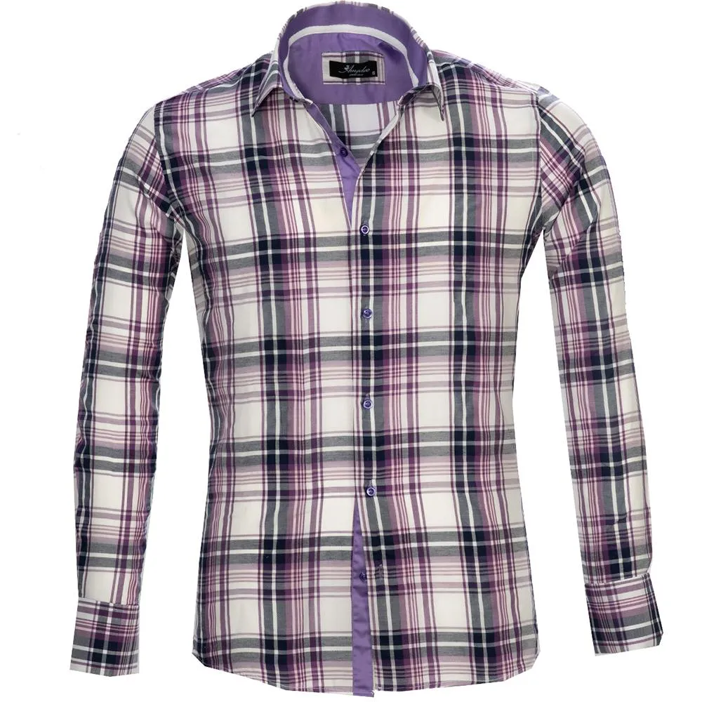 White Purple Check Mens Slim Fit French Cuff Shirts with Cufflink Holes - Casual and Formal