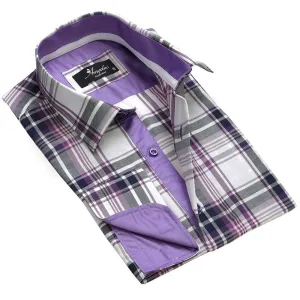White Purple Check Mens Slim Fit French Cuff Shirts with Cufflink Holes - Casual and Formal