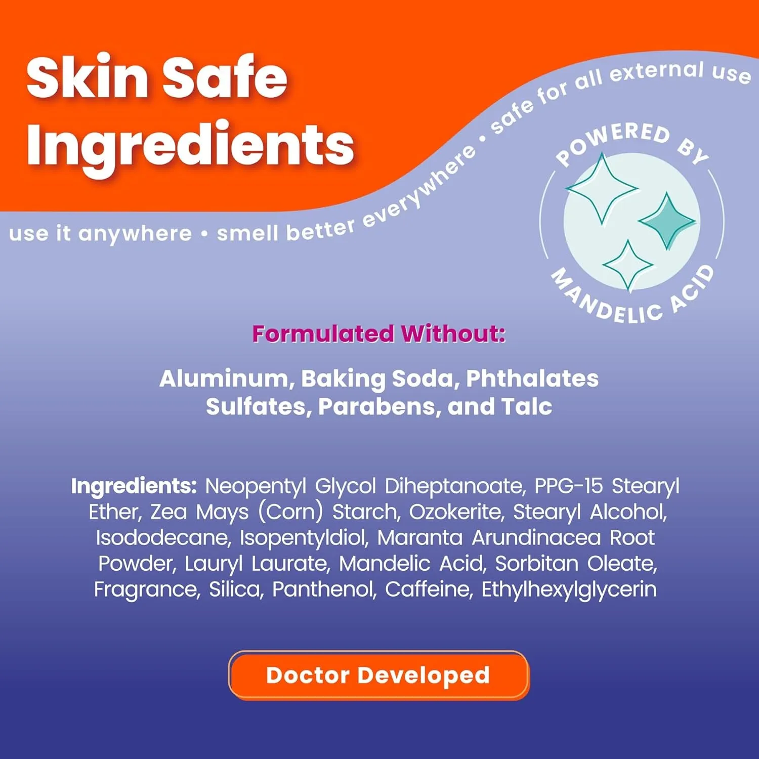 Whole Body Deodorant - Smooth Solid Stick - 72 Hour Odor Control - Aluminum Free, Baking Soda Free and Skin Safe - 2.6 Ounce (Pack of 2) (Soft Powder)