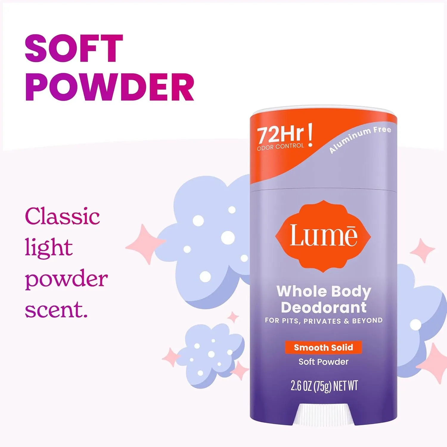 Whole Body Deodorant - Smooth Solid Stick - 72 Hour Odor Control - Aluminum Free, Baking Soda Free and Skin Safe - 2.6 Ounce (Pack of 2) (Soft Powder)