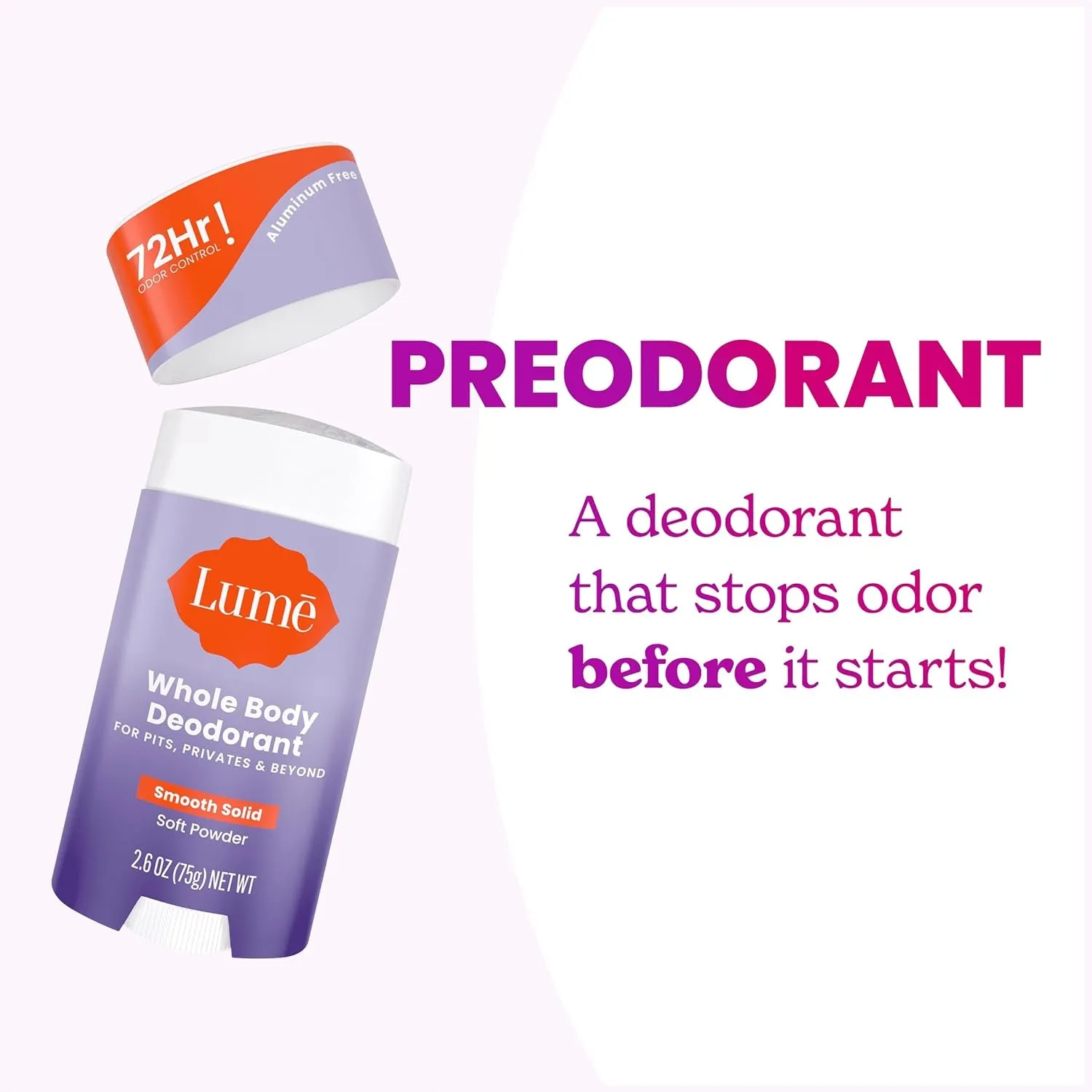 Whole Body Deodorant - Smooth Solid Stick - 72 Hour Odor Control - Aluminum Free, Baking Soda Free and Skin Safe - 2.6 Ounce (Pack of 2) (Soft Powder)