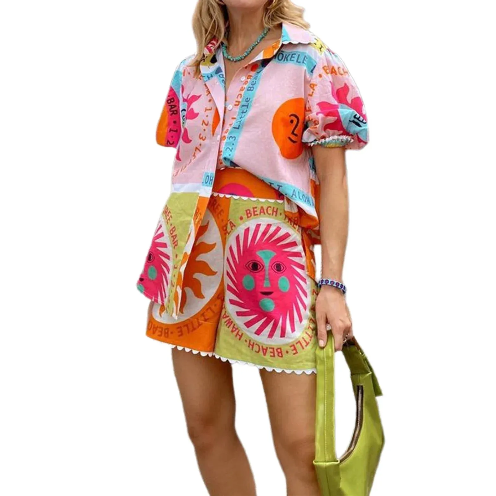 Women Summer Shorts Outfits Daily Beach Sun Print Short Sleeve Buttom Up Shirts Tops Elastic Waist Shorts 2 Pieces Lounge Sets