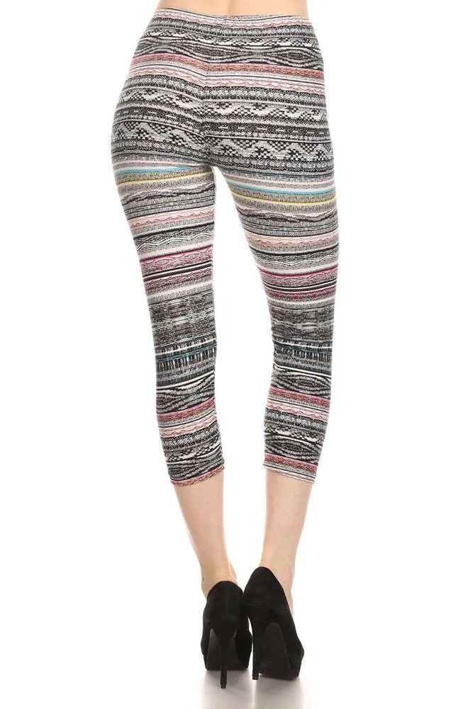 Womens Regular Mixed Color Splendid Tribal Print Capri Leggings - Black Grey Red