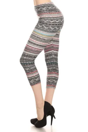 Womens Regular Mixed Color Splendid Tribal Print Capri Leggings - Black Grey Red