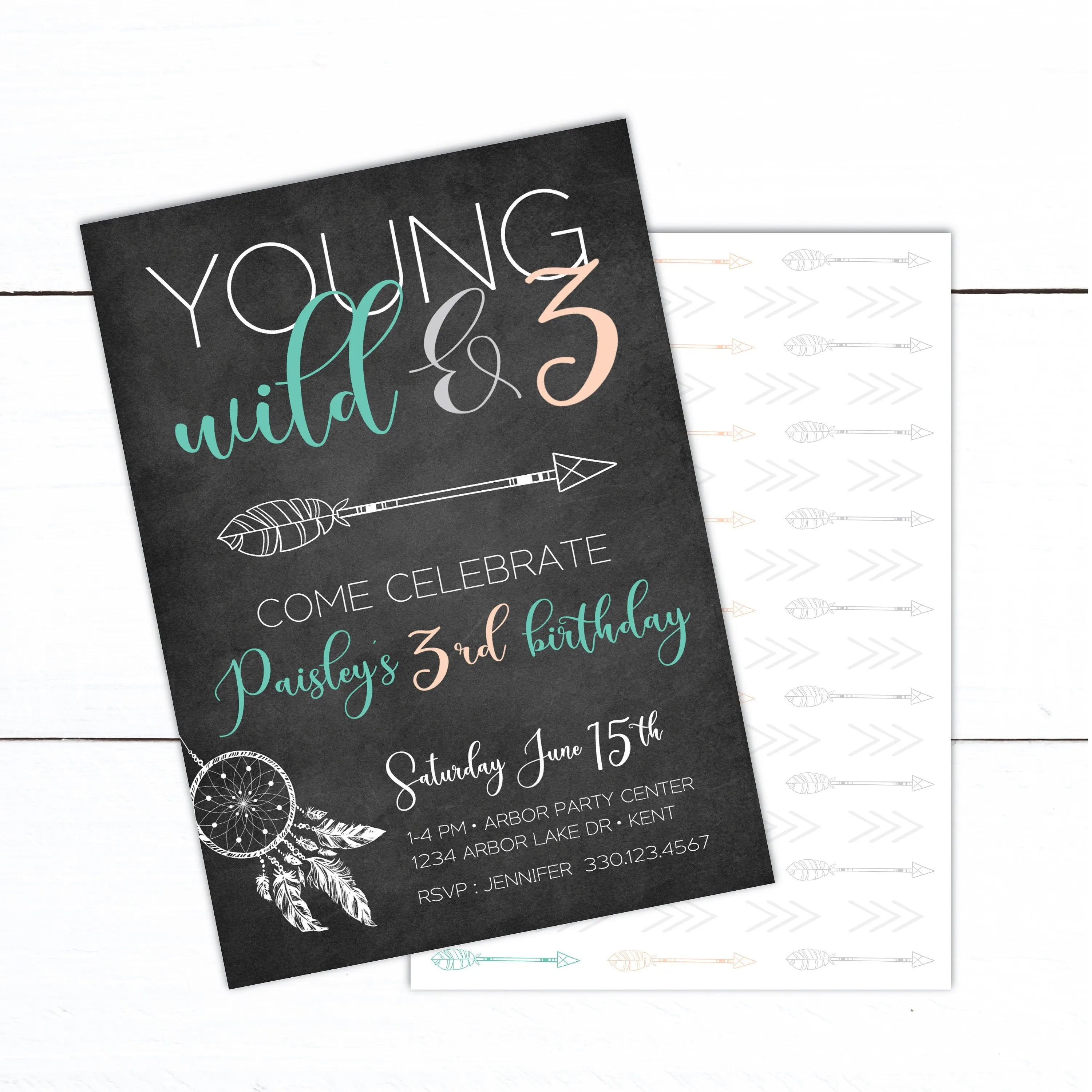Young Wild and Three Birthday Invitation - Young Wild and 3 Invitation - Boho Arrow Invitation - Boy Girl Tribal Birthday Invitation - Automatic Download - DIY
